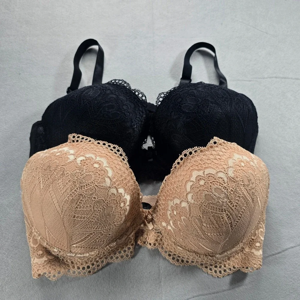 Rene Rofé Floral Lace Push Up Bra Set • 2pk Black & Tan 38C • Romantic Feminine
